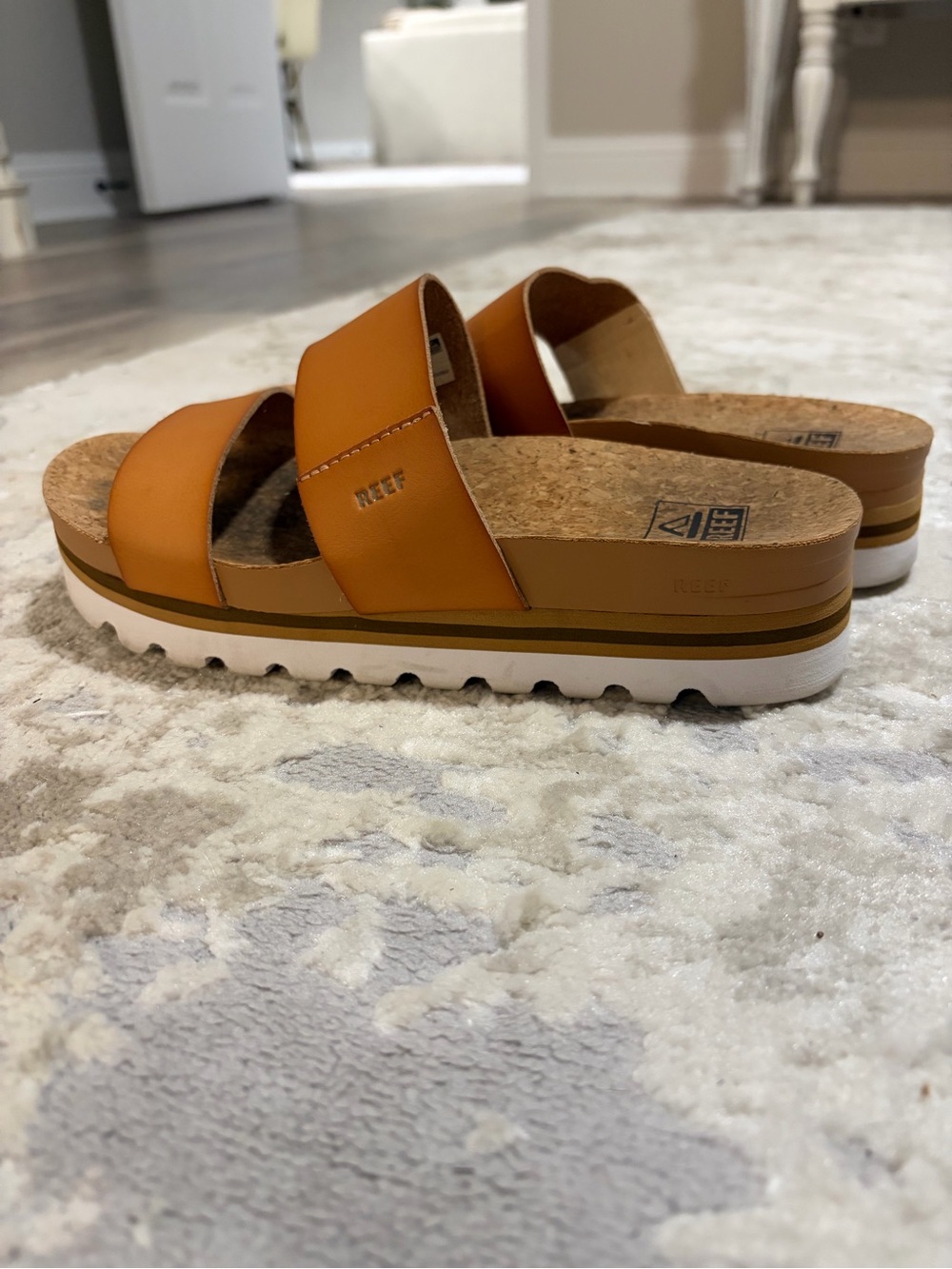Reef Women's Tan-Orange Cork Platform Slide Sandals